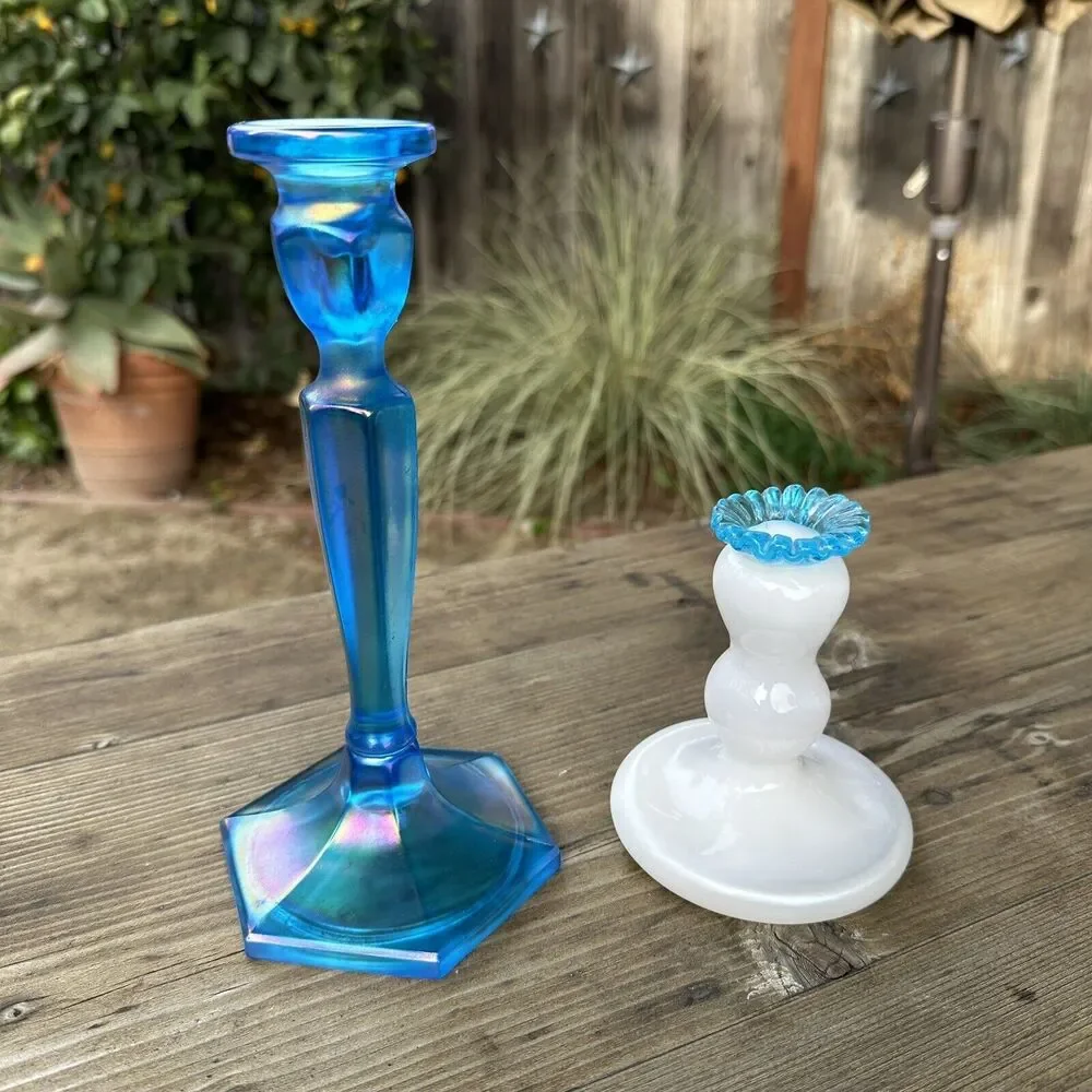 Fenton Celeste Blue Stretch Glass and Aqua Crest Candle holders Mantel Decor